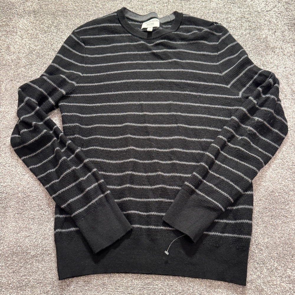 Calvin Klein Sweater Mens Medium Black Striped Merino Wool Blend Minimalist Knit